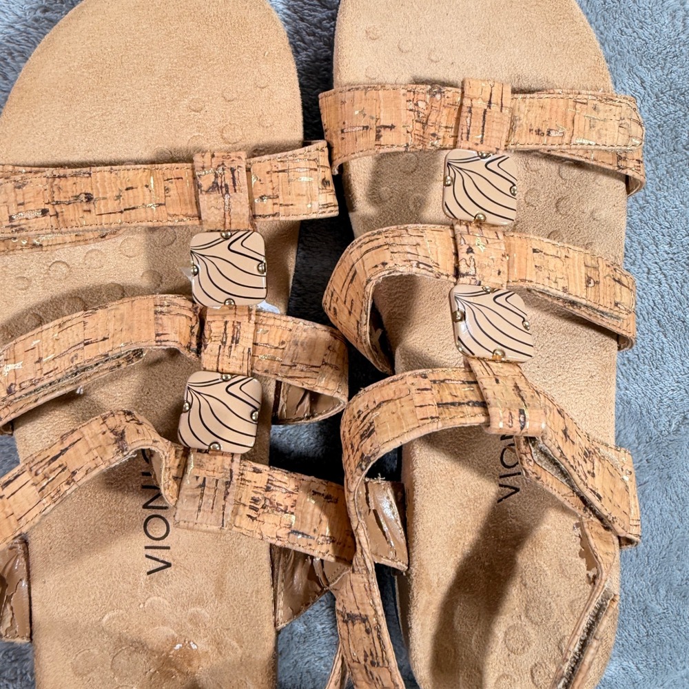Vionic Strappy Sandals Women Size 10 Tan Cork Gold Fleck Orthotic Comfort 3432 - Picture 5 of 10
